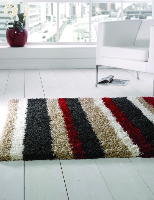 Black and red striped shaggy rug