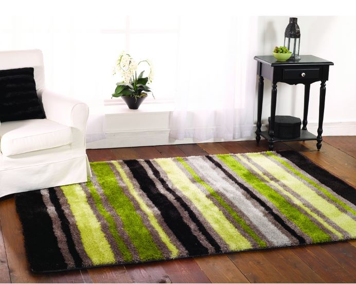 Green striped silky shaggy rug tunis