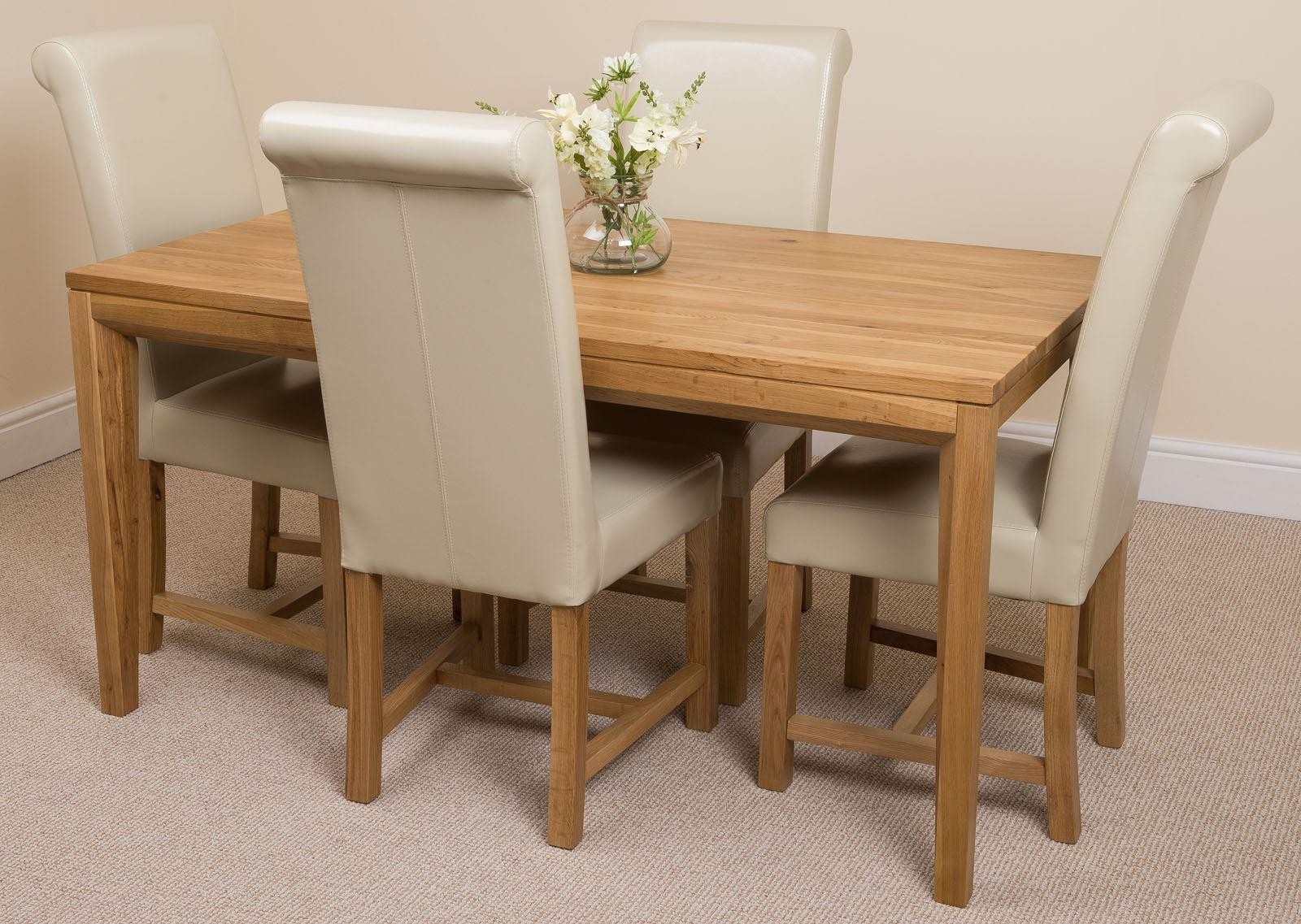 Bevel solid oak 150cm dining table & 4 white washington leather chairs