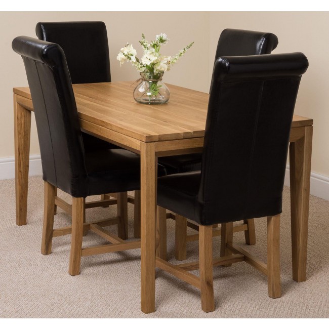 Bevel solid oak 150cm dining table & 4 black washington leather chairs