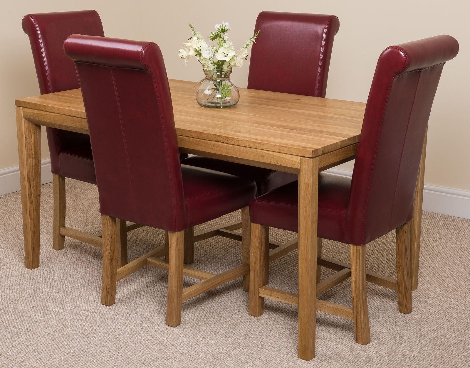 Bevel solid oak 150cm dining table & 4 red washington leather chairs