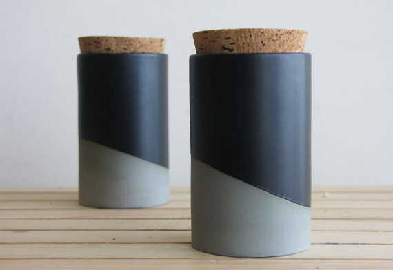 Ceramic jar with cork lid in gray with black matte glaze. 9cm wide x 13cm high