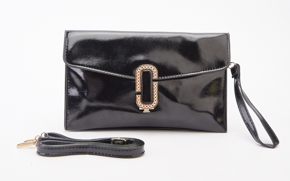 £5 shiny faux leather envelope clutch bag. Made from faux leather with double poppers and top zip for extra security.