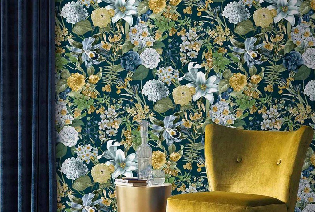 Glasshouse floral wallpaper, featuring colourful flowers and ferns. There are a choice of different background colours to choose from.