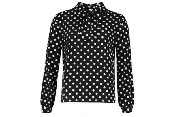 Pussy bow polka dot high neck blouse, black