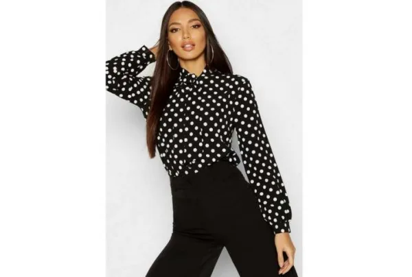 Pussy bow polka dot high neck blouse, black