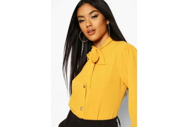 Pussy Bow Button Through Blouse, Mustard