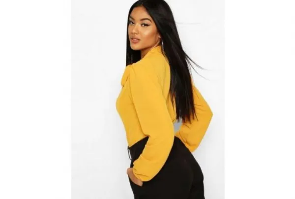 Pussy bow button through blouse, mustard - image 3