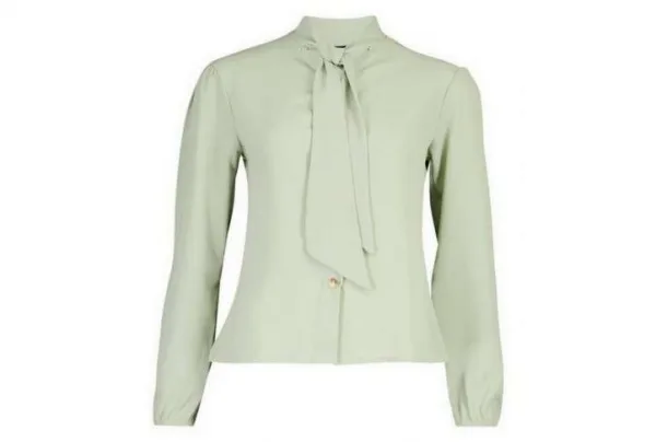 Pussy bow button through blouse, sage