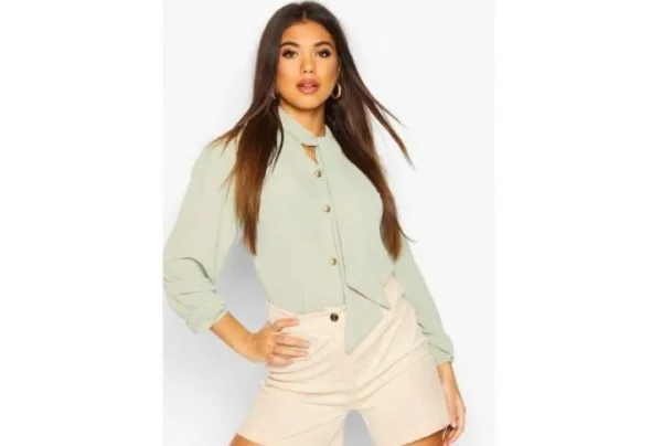 Pussy bow button through blouse, sage
