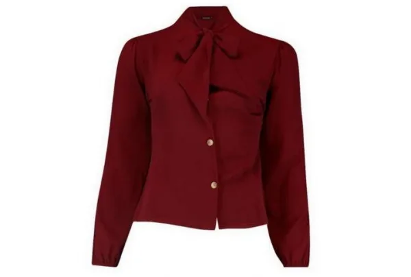 Pussy bow button through blouse, red wine