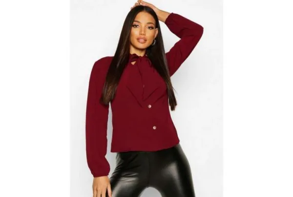 Pussy bow button through blouse, red wine
