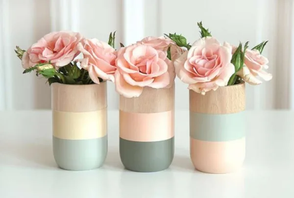 Painted pine wood vases. Set of 3