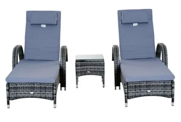 Outsunny 3 piece rattan sun lounger set, grey - image 3