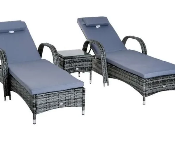 Outsunny 3 Piece Rattan Sun Lounger Set, Grey