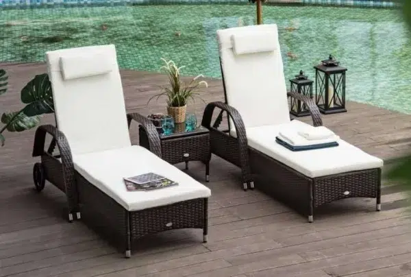 Outsunny 3 piece rattan sun lounger set, brown