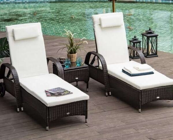 Outsunny 3 Piece Rattan Sun Lounger Set, Brown