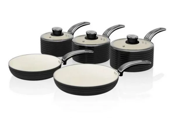 Swan retro 5 piece saucepan & pan set, black