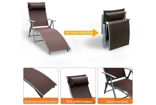 Outsunny reclining tri-fold sun lounger, brown - image 3