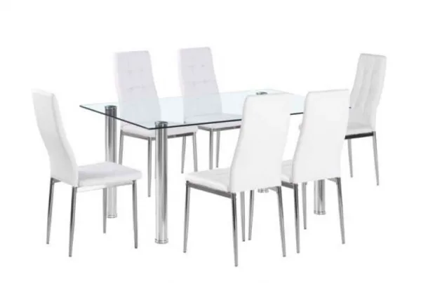 Flow rectangular glass dining table, 6 white chairs
