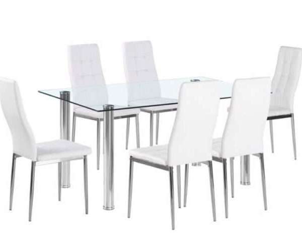 Flow Rectangular Glass Dining Table, 6 White Chairs