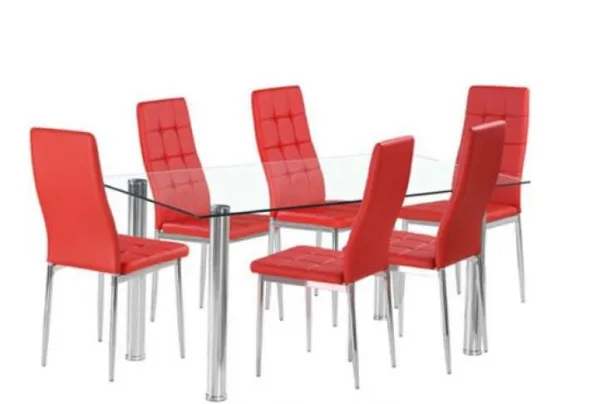 Flow rectangular glass dining table, 6 red chairs