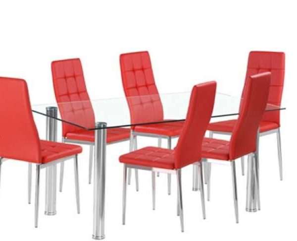 Flow Rectangular Glass Dining Table, 6 Red Chairs