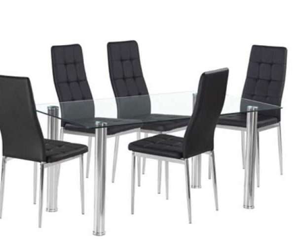 Flow Rectangular Glass Dining Table, 6 Black Chairs