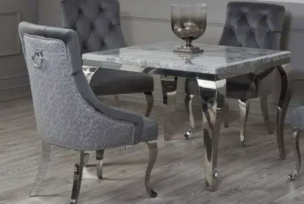 Richmond 4 seat marble & velvet dining set, pattern grey