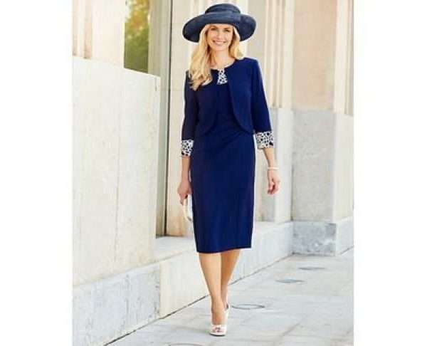 Joanna Hope Lace Trim Dress & Jacket, Navy