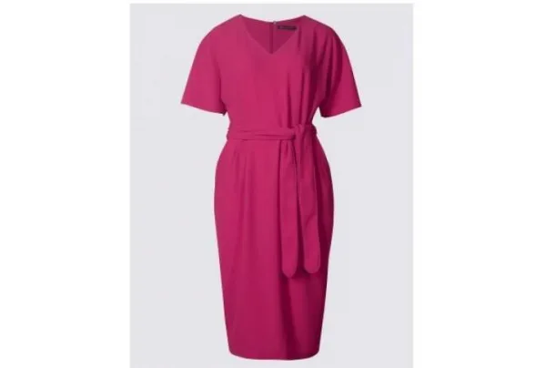 Kimono tie short sleeve shift dress, raspberry