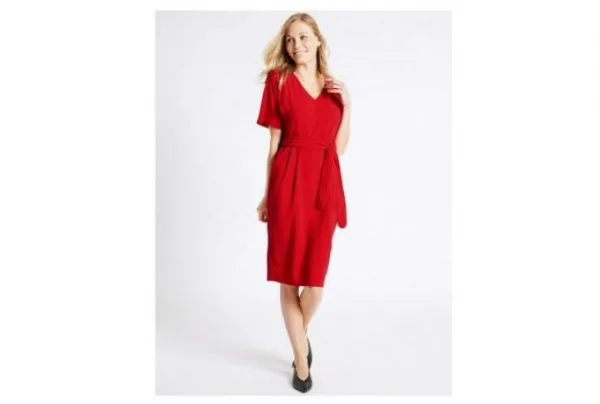 Kimono tie short sleeve shift dress, red