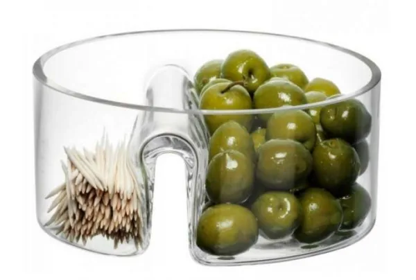 Glass olive and toothpick serving dish