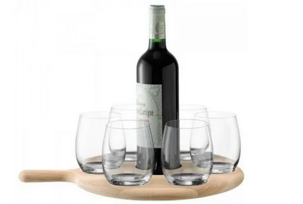 Water/wine oak serving paddle with 6 glasses
