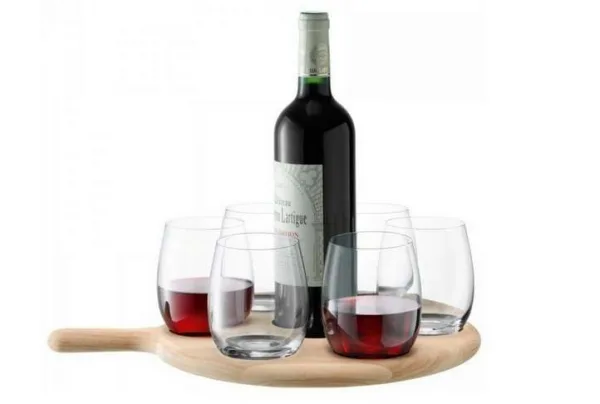 Water/wine oak serving paddle with 6 glasses