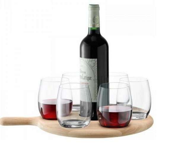 Water/Wine Oak Serving Paddle With 6 Glasses
