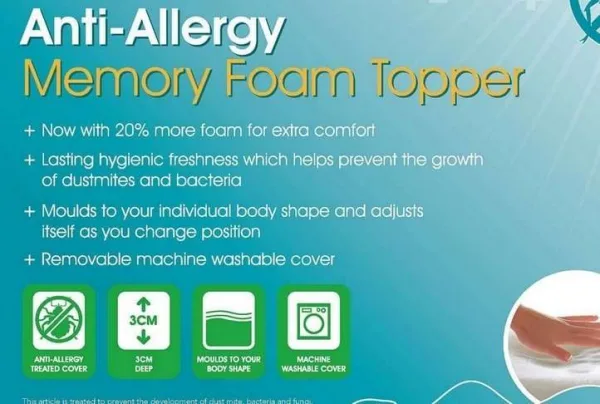 Anti-allergy memory foam mattress topper