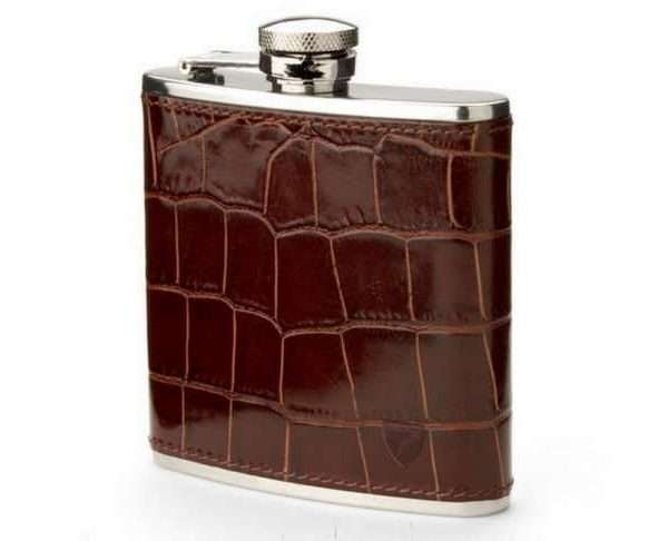 Classic 5oz Leather Hip Flask, Amazon Brown Croc