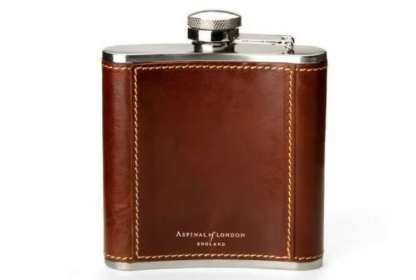 Classic 5oz leather hip flask, smooth cognac