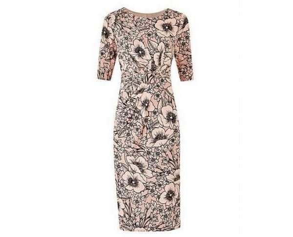Nude Floral Print Drape Midi Dress