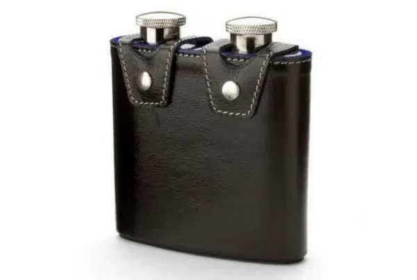 Double 6oz leather hip flask, black & cobalt