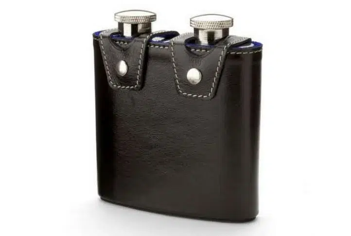 Double 6oz leather hip flask, black & cobalt Double 6oz leather hip flask, black & cobalt - image 2
