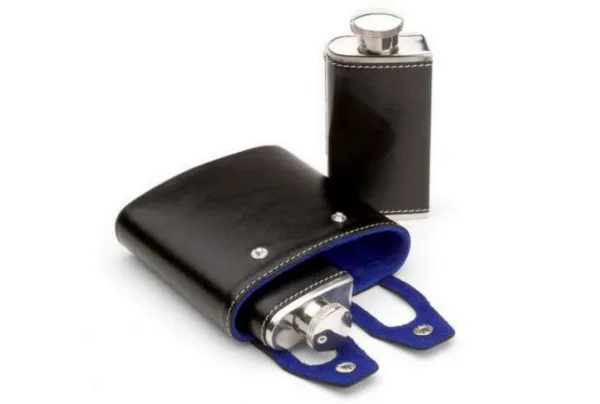 Double 6oz leather hip flask, black & cobalt