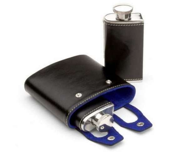 Double 6oz Leather Hip Flask, Black & Cobalt
