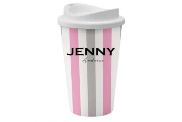 Personalised reusable pink & grey stripe coffee cup