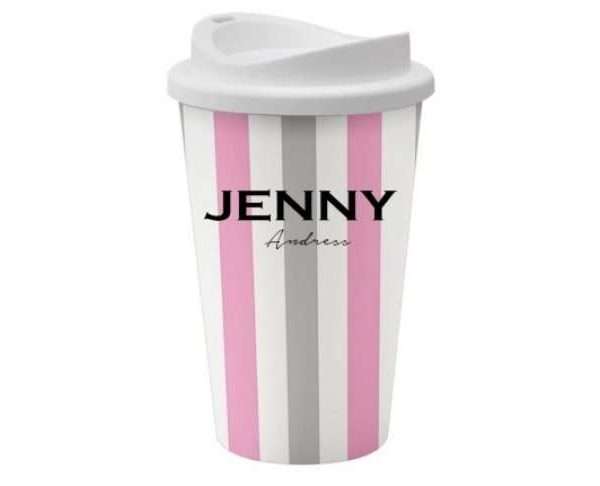 Personalised Reusable Pink & Grey Stripe Coffee Cup