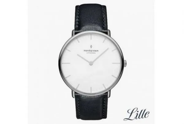 Native silver, white dial, 32mm black leather watch