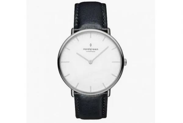 Native silver, white dial, 36mm black leather watch
