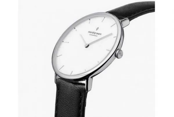 Native silver, white dial, 36mm black leather watch