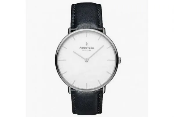 Native silver, white dial, 40mm black leather watch